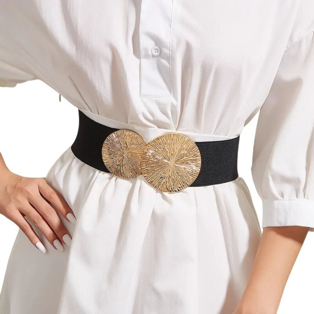 2/$30 NEW Elastic Wide Corset Safe Waist Belt Metallic Snap Buckle Black Cinched